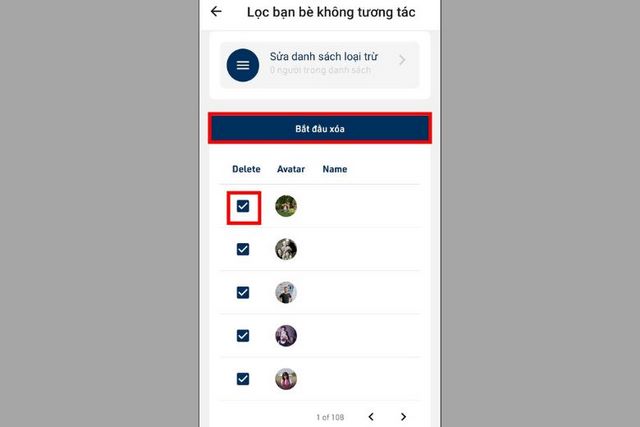 Chọn bạn bè muốn hủy kết bạn rồi bấm “Bắt đầu xóa”